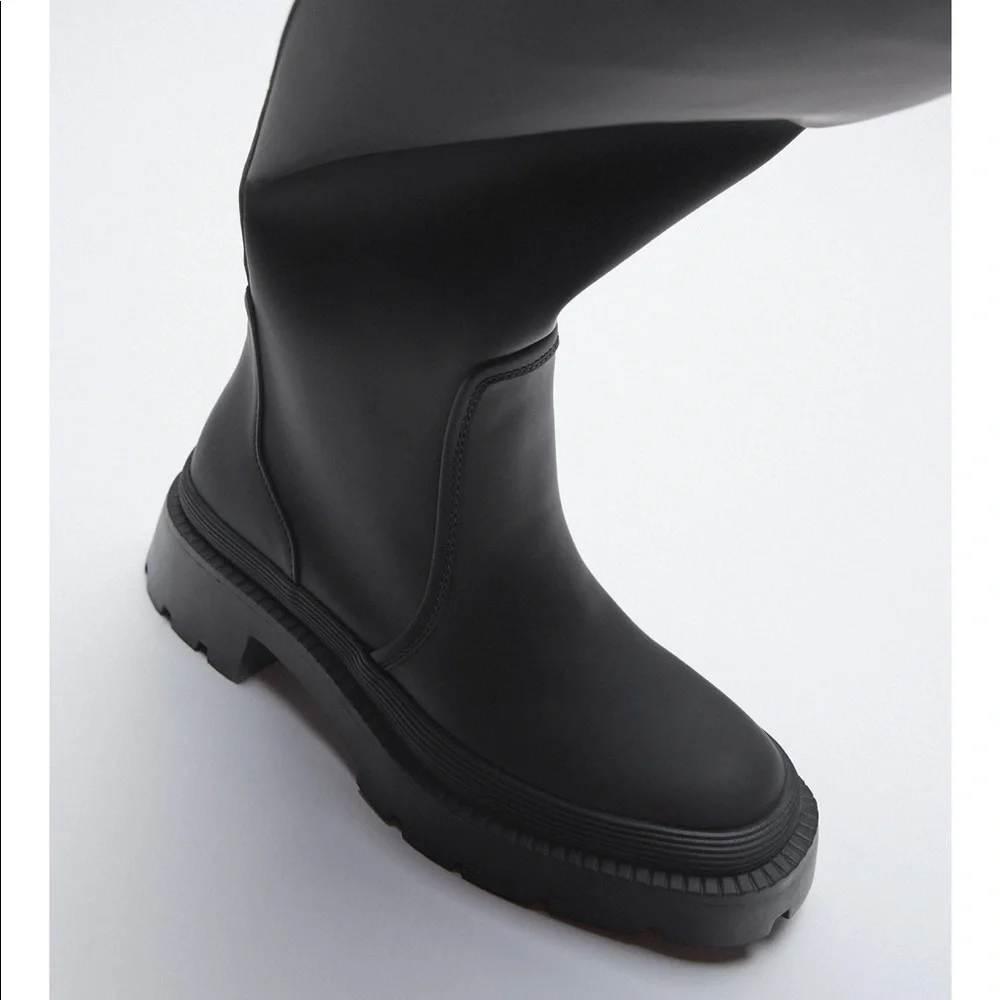 Zara Tall Black Leather Winter Rain Boots